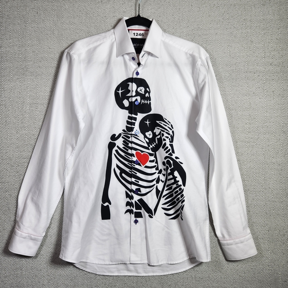 Maceoo Italian Digital Men's S White Skeleton Heart Button Down Shirt Till Death